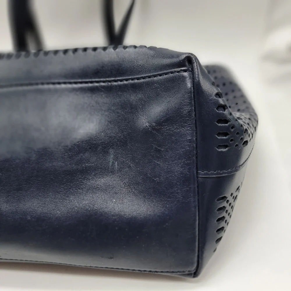 Brooks Brothers Navy Perforated Laser Cut Leather Tote Shoulder Purse Bag